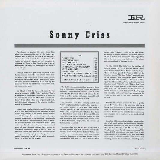 Sonny Criss / ソニー・クリス / Sonny Criss Plays Cole Porter -200g (LP-9024)