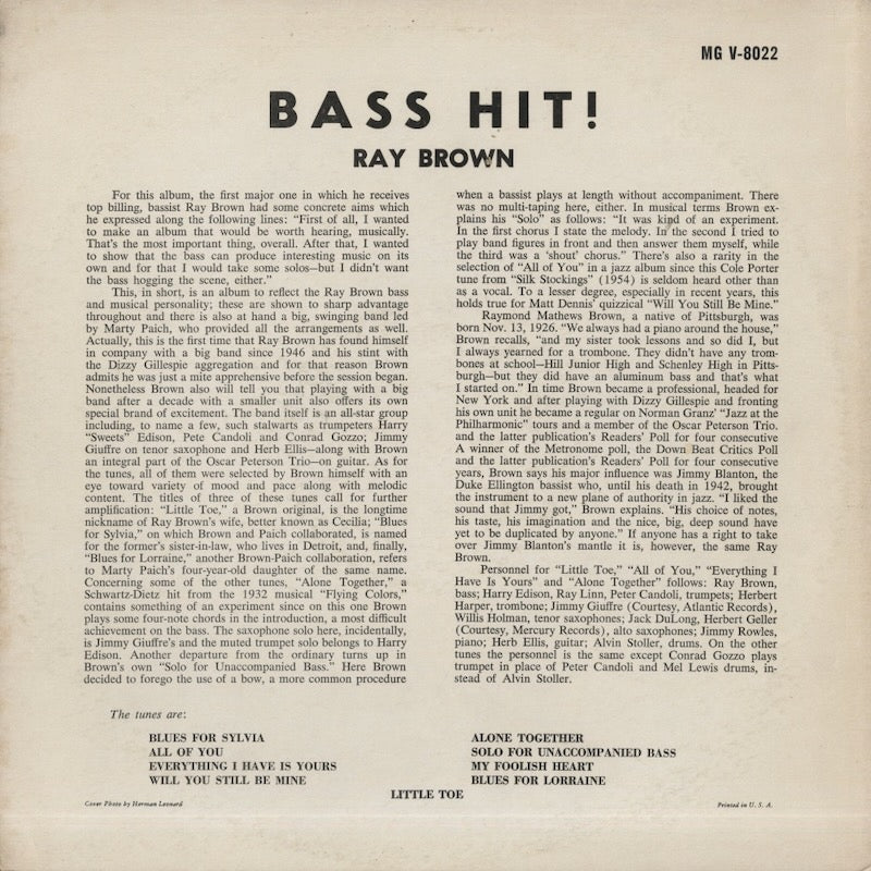 Ray Brown / レイ・ブラウン / Bass Hit! (MG V-8022)