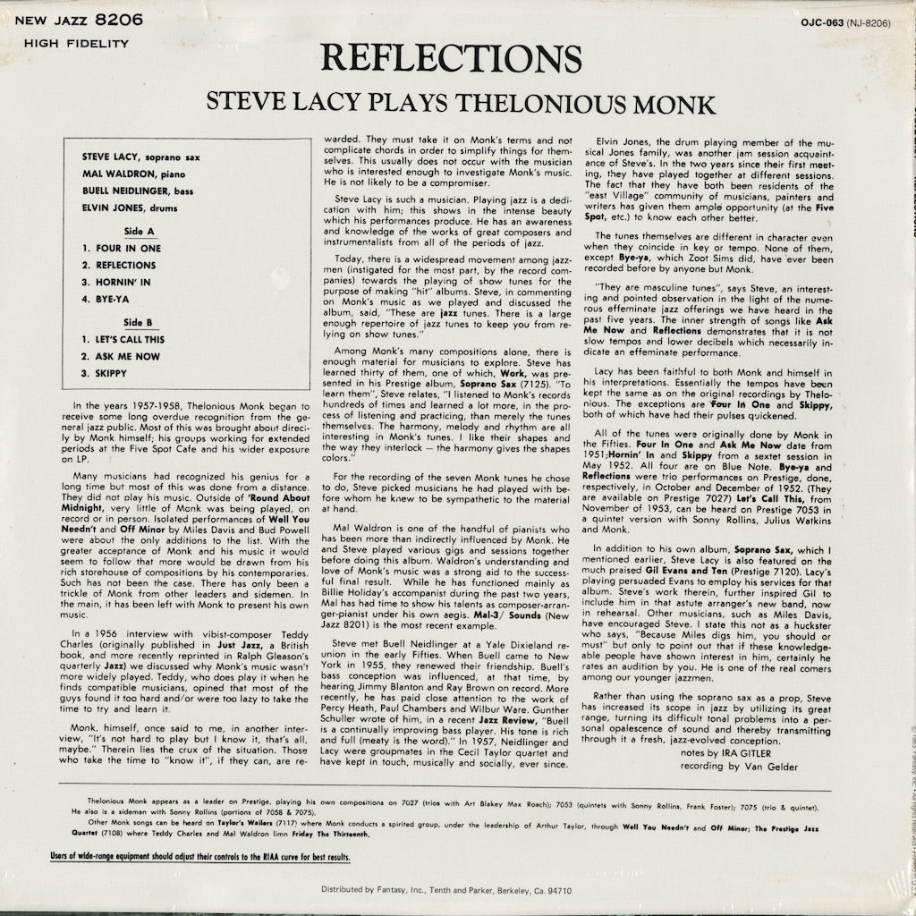 Steve Lacy - Reflections (Steve Lacy plays Thelonious Monk) (OJC-063) 1983 US New Jazz / Original Jazz Classics|中古LP