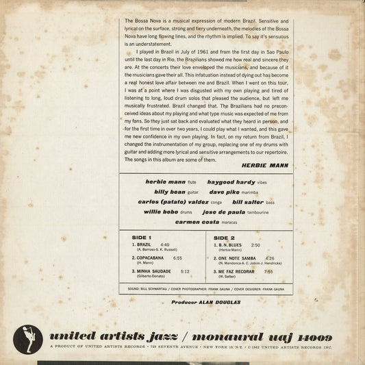 Herbie Mann - Brazil, Bossa Nova & Blues (UAJ 14009) 1962 US United Artists Jazz|中古LP