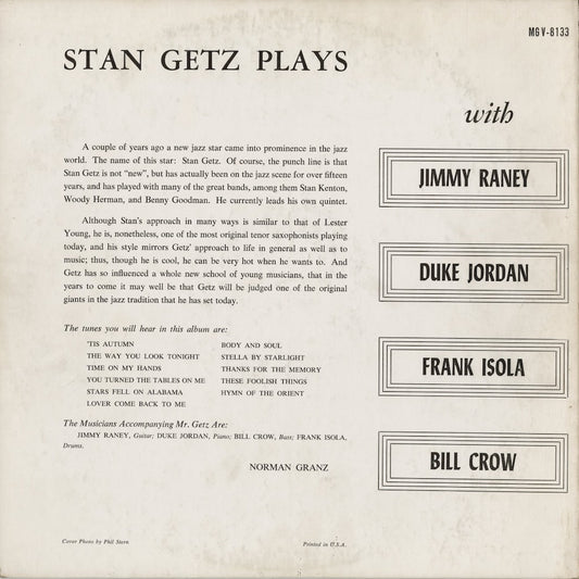 Stan Getz - Stan Getz Plays (MG V-8133) 1957 US Verve|中古LP