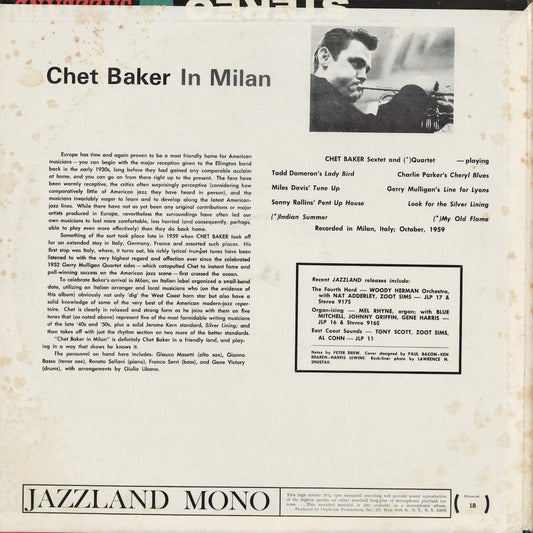 Chet Baker - In Milan (JLP-18) 1966 US Jazzland|中古LP