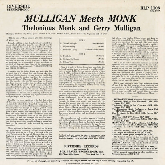 Thelonious Monk And Gerry Mulligan - Mulligan Meets Monk (SMJ-6107) 1975 JPN Riverside - 東芝|中古LP