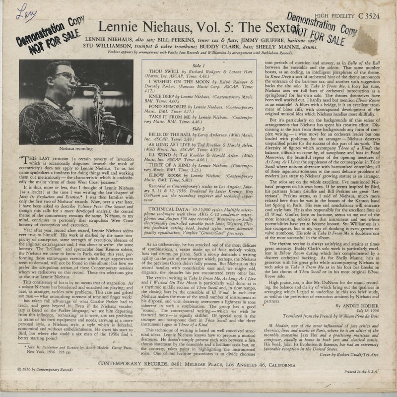 Lennie Niehaus / レニー・ニーハウス / Vol. 5: The Sextet (C-3524)