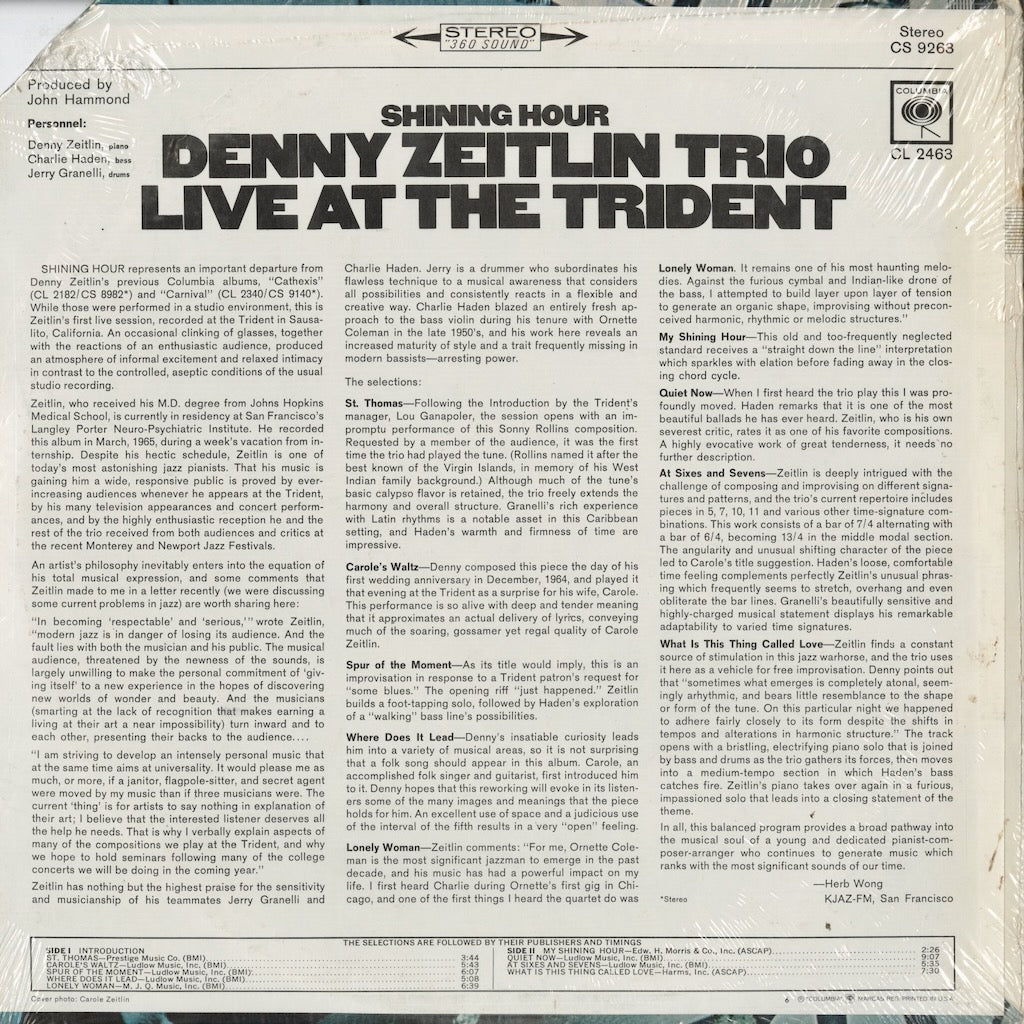 Denny Zeitlin - Shining Hour - Live At The Trident (CS 9263) 1970's US Columbia|中古LP 未開封シールド