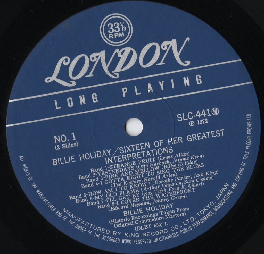 Billie Holiday - Sixteen Of Her Greatest Interpretations (SLC-441M) LP 1974 JPN London|中古LP