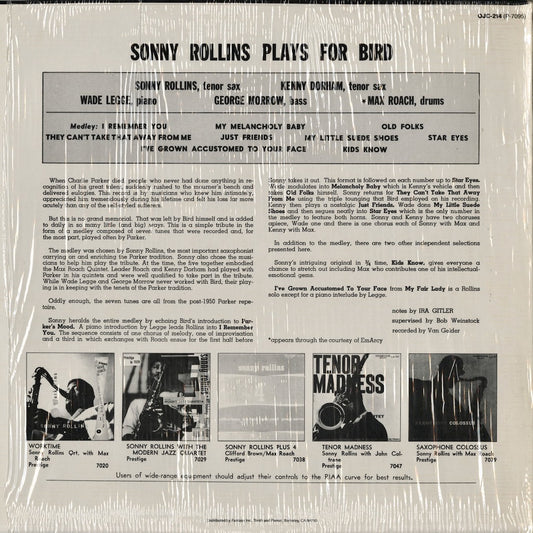 Sonny Rollins - Rollins Plays For Bird (OJC-214) 1986 US Prestige / Original Jazz Classics|中古LP