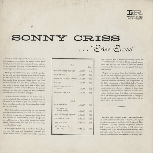 Sonny Criss – Criss Cross (LP-9205) LP 1963 US Imperial | 中古LP