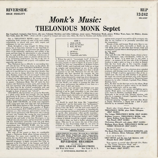 Thelonious Monk - Monk's Music (SMJ-6207) LP 1977 JPN Riverside|中古LP
