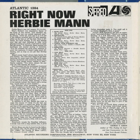 Herbie Mann - Right Now (SD 1384) 1962 US Atlantic|中古LP