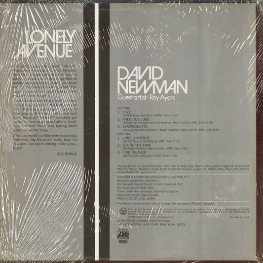 David Newman - Lonely Avenue (SD 1600) LP 1972 US Atlantic|中古LP