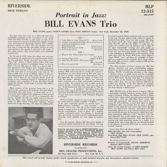Bill Evans Trio / ビル・エヴァンス・トリオ / Portrait In Jazz (SMJ-6144) 1976 JPN Pressing