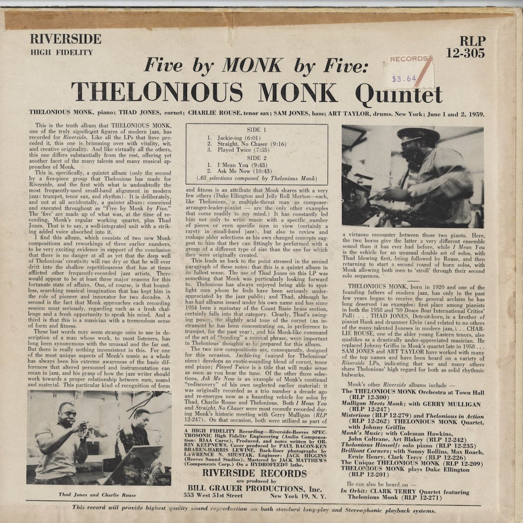Thelonious Monk / セロニアス・モンク / 5 By Monk By 5 (RLP 12-305)