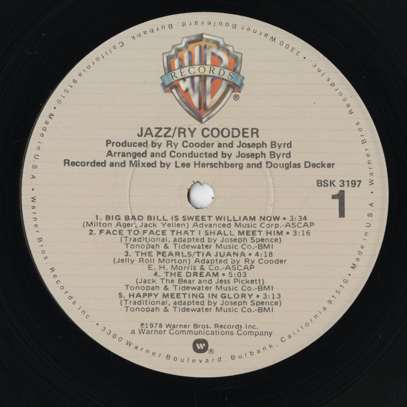 Ry Cooder / ライ・クーダー / Jazz (BSK 3197)