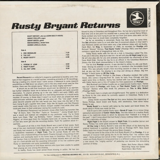 Rusty Bryant - Rusty Bryant Returns (PRST 7626) 1969 US Prestige|中古LP