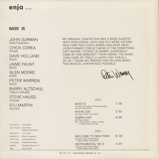 Peter Warren - Bass Is (SMJ-6007) 1973 JPN Enja|中古LP