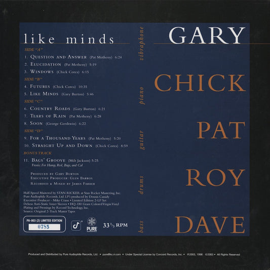 Burton - Corea - Metheny - Haynes - Holland / Like Minds (PA-003) 180g重量盤 2LP ブルー・ヴァイナル
