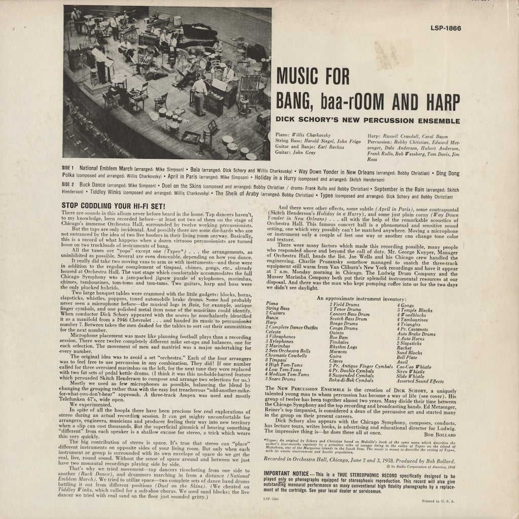 Dick Schory / ディック・ショーリー / Music For Bang, Baaroom And Harp (LSP-1866)