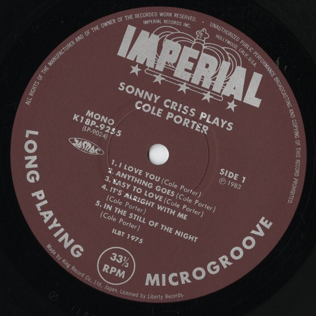 Sonny Criss - Sonny Criss Plays Cole Porter (K18P 9255) LP 1983 JPN Imperial|中古LP