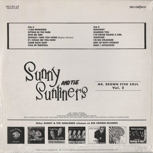 Sunny & The Sunliners / サニー&サンライナーズ / Mr. Brown Eyed Soul Vol.2 (Red Vinyl) (BC135-LP-C2)