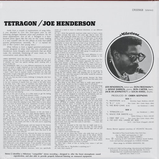 Joe Henderson - Tetragon (CR00968) LP 2026 US Milestone / Jazz Dispensary|新品LP back