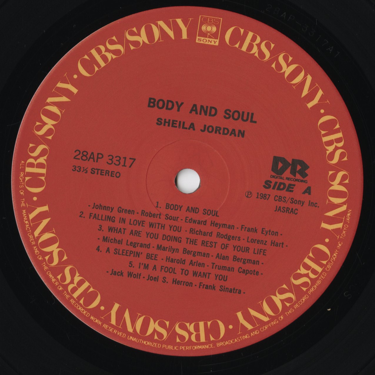 Sheila Jordan – Body and Soul (28AP-3317) LP 1987 JPN CBS Sony|中古LP
