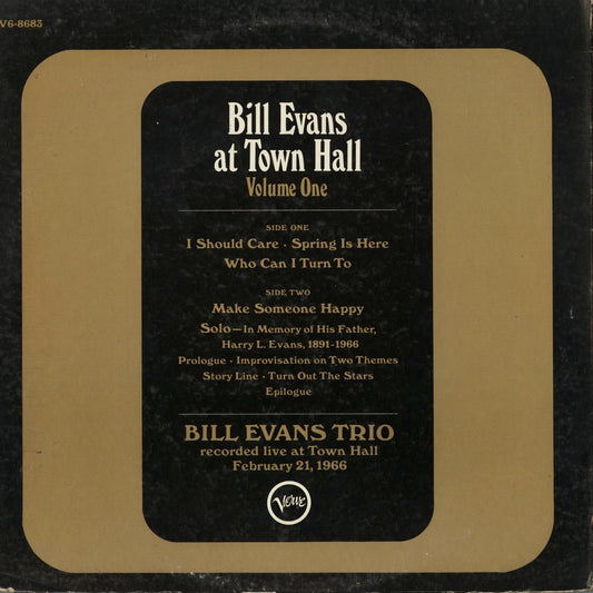 Bill Evans - Bill Evans At Town Hall Volume One (V6-8683) 1967 US Verve|中古LP