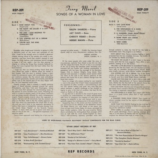 Terry Morel - Songs Of A Woman In Love (REP 209) LP 1958 US REP|中古LP