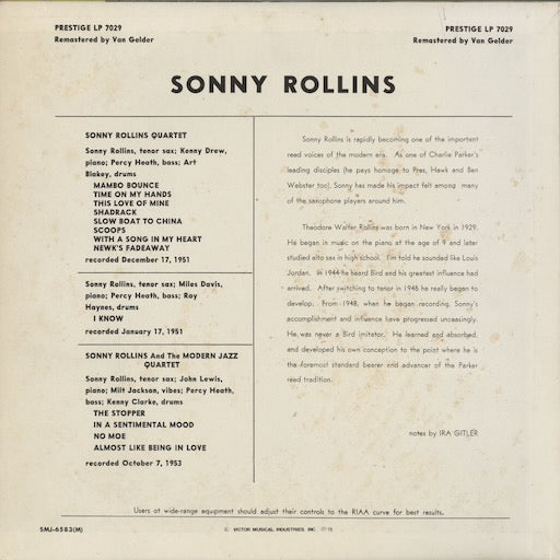 Sonny Rollins - Sonny Rollins With The Modern Jazz Quartet / Art Blakey And Kenny Drew (SMJ-6583M) 1978 JPN Prestige|中古LP
