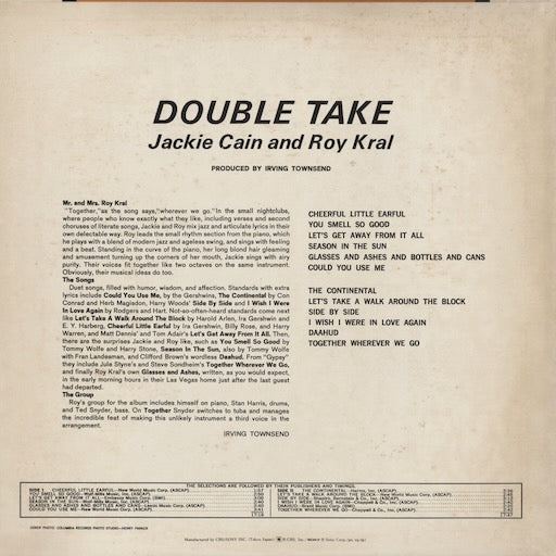 Jackie And Roy - Double Take (SOPJ 107) LP 1974 JPN CBS/Sony|中古LP