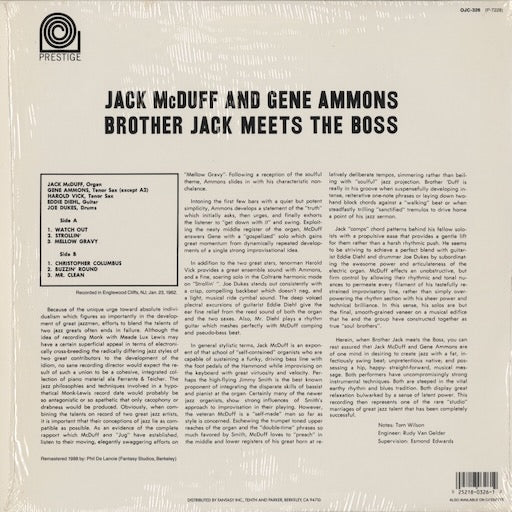Jack McDuff & Gene Ammons - Brother Jack Meets The Boss (OJC 326) LP 1988 US Prestige/OJC|中古LP
