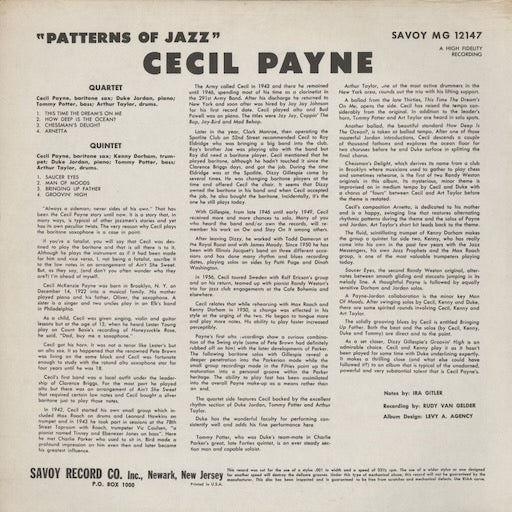 Cecil Payne - Patterns Of Jazz (MG 12147) LP 1970's US Savoy|中古LP