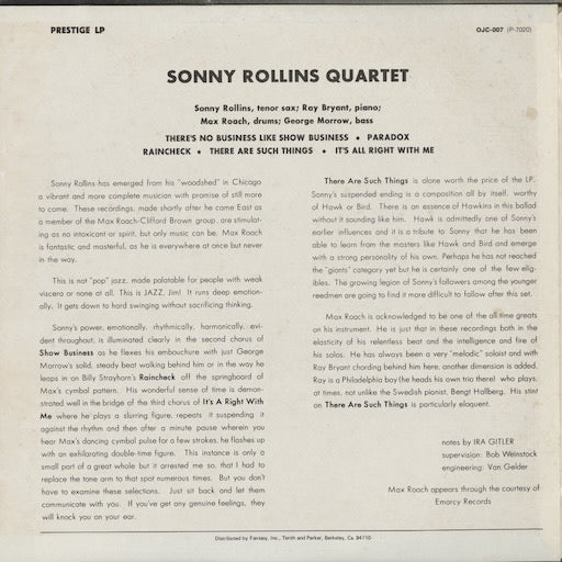 Sonny Rollins - Worktime (OJC-007) LP 1982 US Prestige / OJC|中古LP