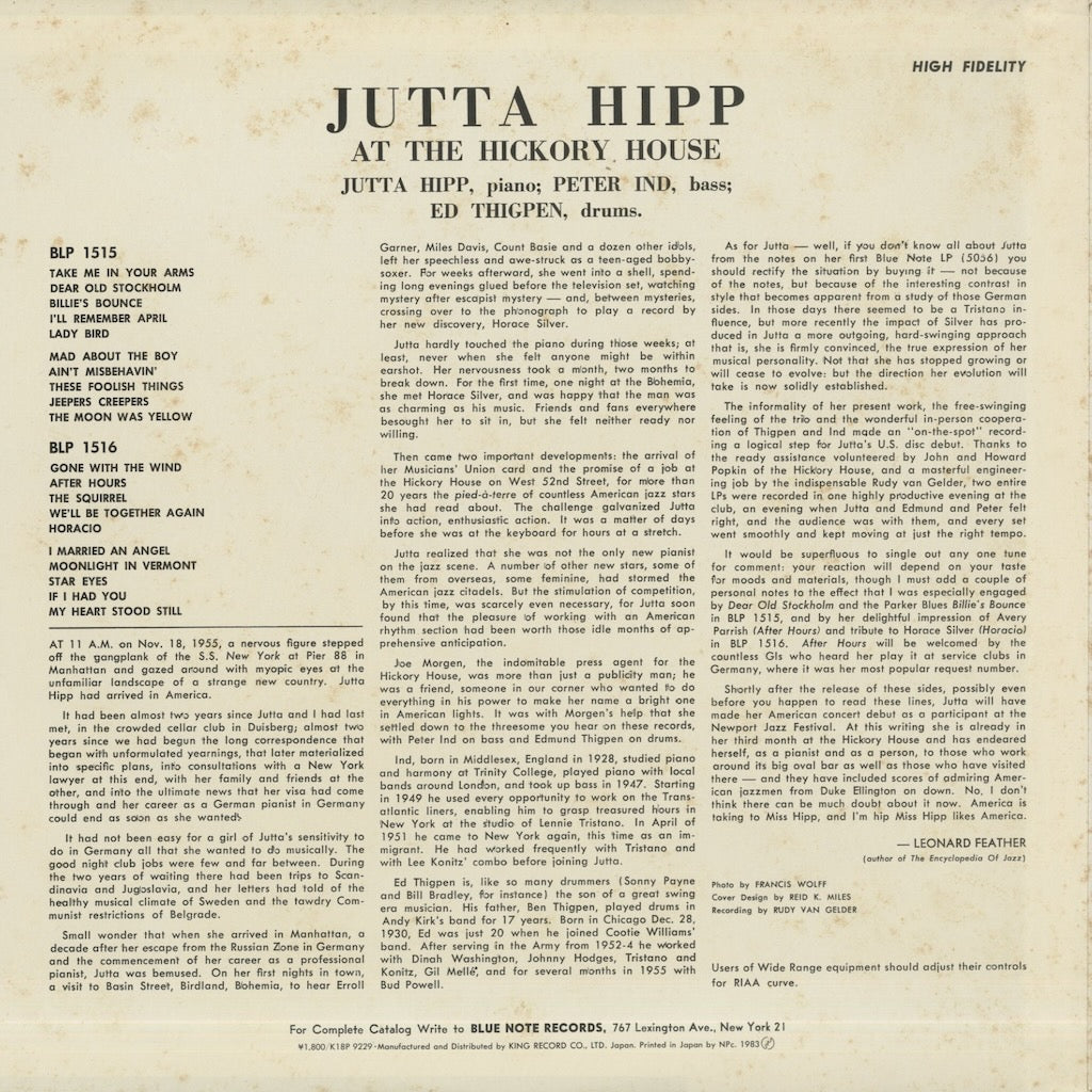 Jutta Hipp / ユタ・ヒップ / At The Hickory House Volume 2 (K18P-9229)