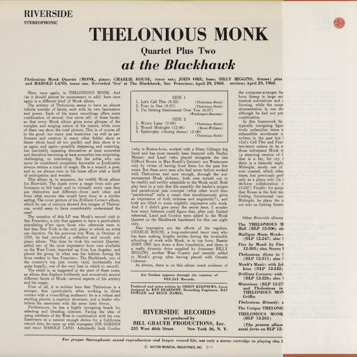 Thelonious Monk Quartet Plus Two - At The Blackhawk (SMJ-6198) LP 1977 JPN Riverside|中古LP