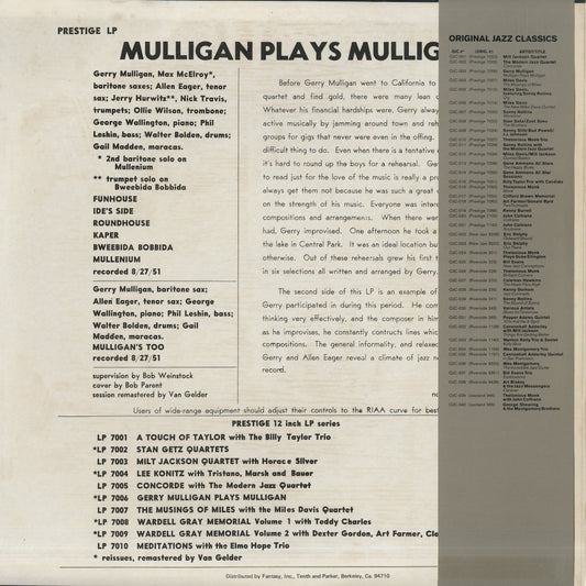 Gerry Mulligan / ジェリー・マリガン / Mulligan Plays Mulligan (OJC-003)