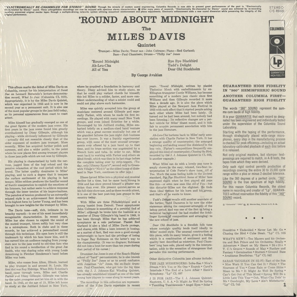 Miles Davis / マイルス・デイヴィス / 'Round About Midnight (CS 8649) 1968 US Columbia 2EYE