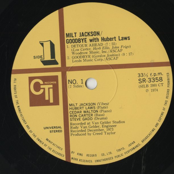 Milt Jackson / ミルト・ジャクソン / Goodbye (SR3358)