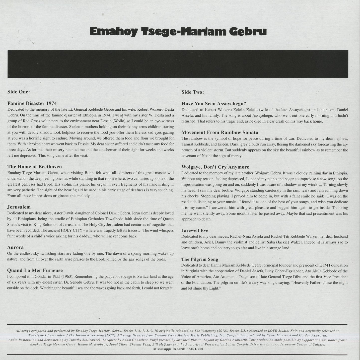 Emahoy Tsege Mariam Gebru / エマホイ・ツェゲ・マリアム・ゲブル / Jerusalem (MRI-200)