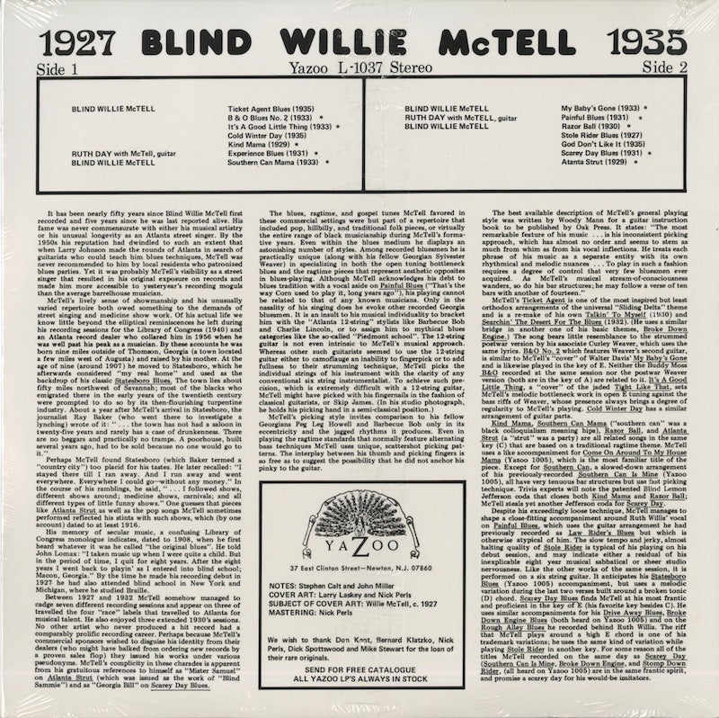 Blind Willie McTell / ブラインド・ウィリー・マクテル / 1927 - 1935 (180g) (YAZ1037)