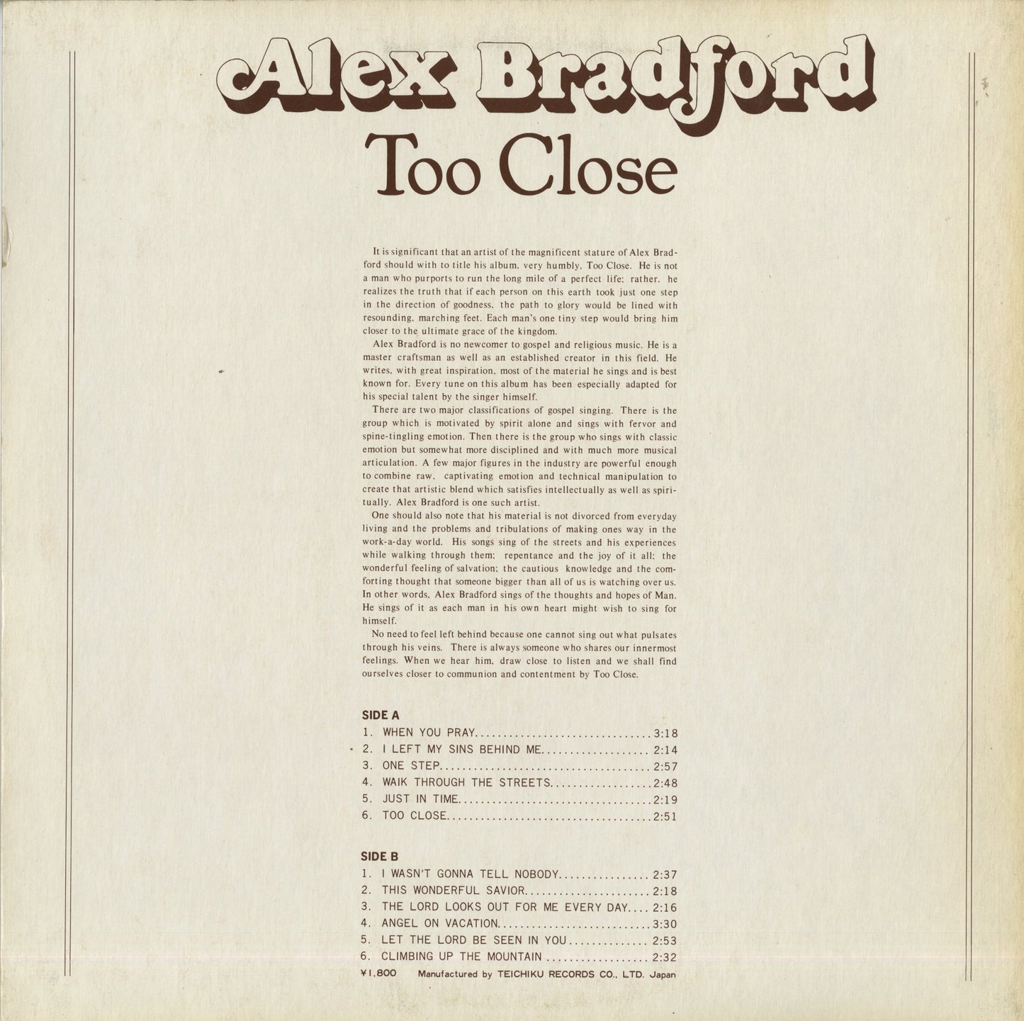 Alex Bradford / アレックス・ブラッドフォード / Too Close (ULS-1914 JY)