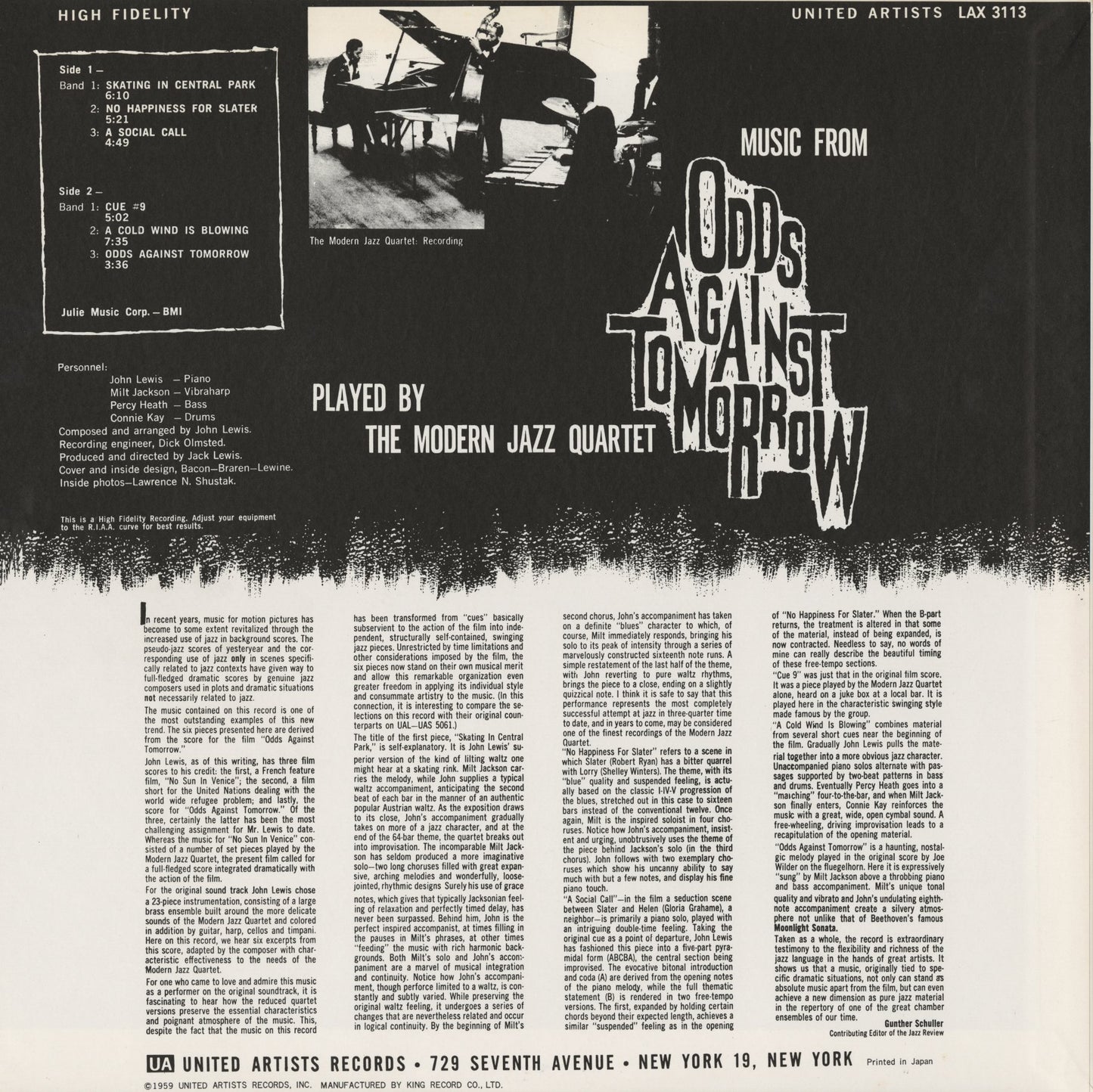 The Modern Jazz Quartet / Music From "Odds Against Tomorrow"  (LAX 3113)