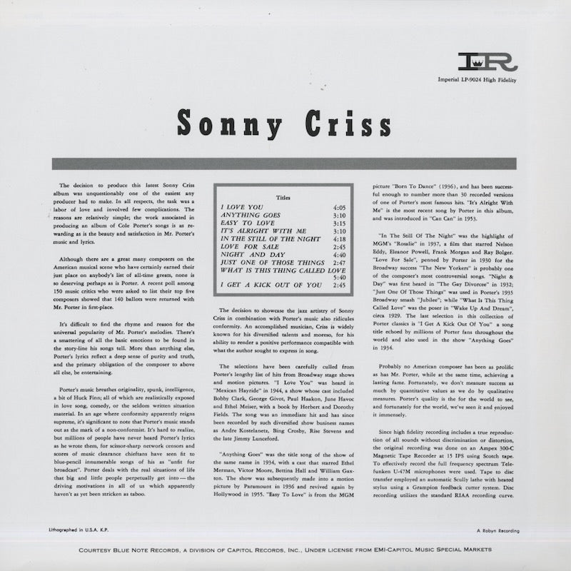 Sonny Criss / ソニー・クリス / Sonny Criss Plays Cole Porter -200g (LP-9024)