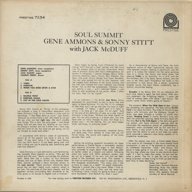 Gene Ammons & Sonny Stitt With Jack McDuff / Soul Summit (PRST 7234)