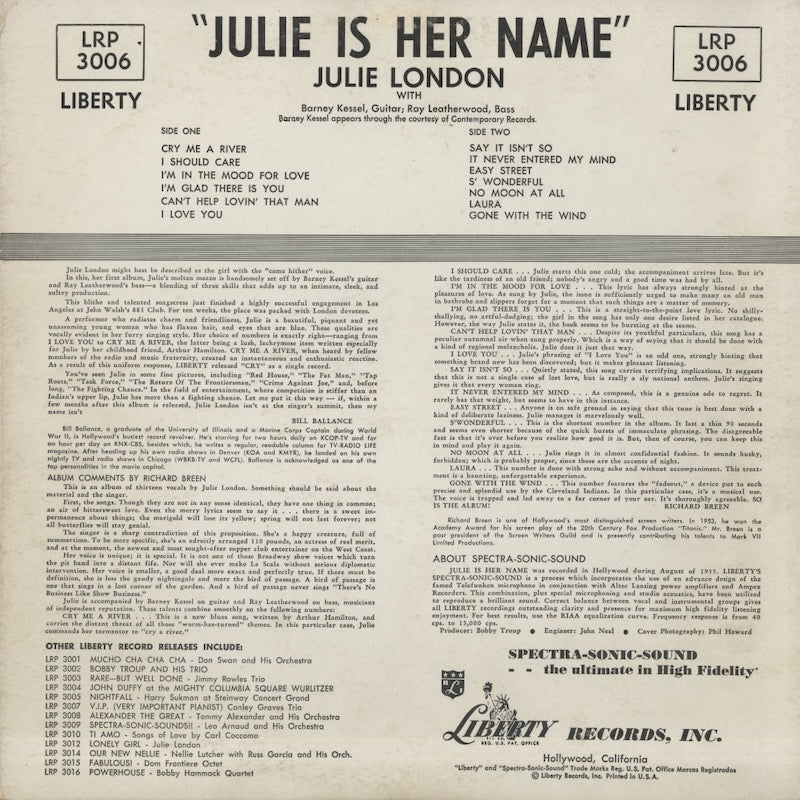Julie London / ジュリー・ロンドン / Julie Is Her Name (LRP