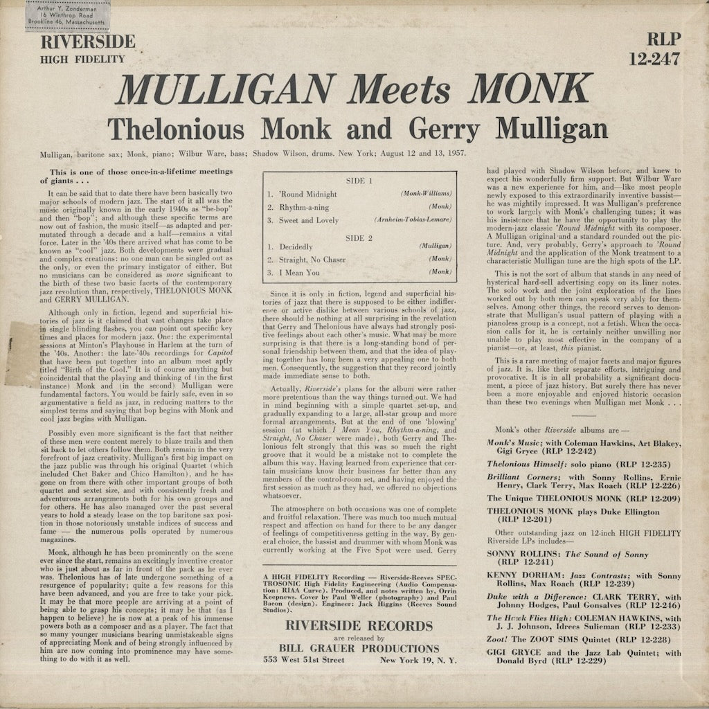 Thelonious Monk And Gerry Mulligan / セロニアス・モンク ジェリー