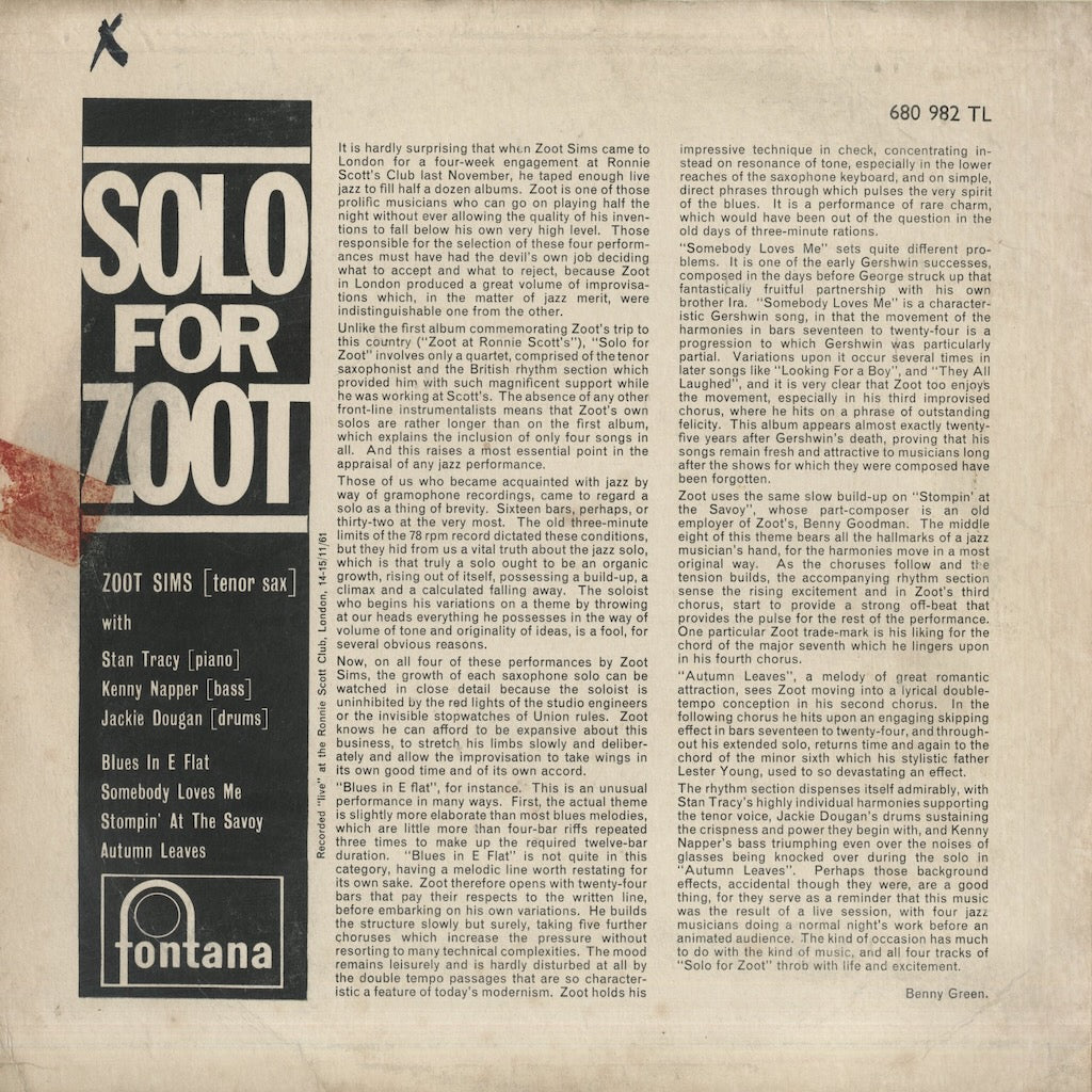 Zoot Sims / ズート・シムズ / Solo For Zoot (680 982 TL) – VOXMUSIC WEBSHOP