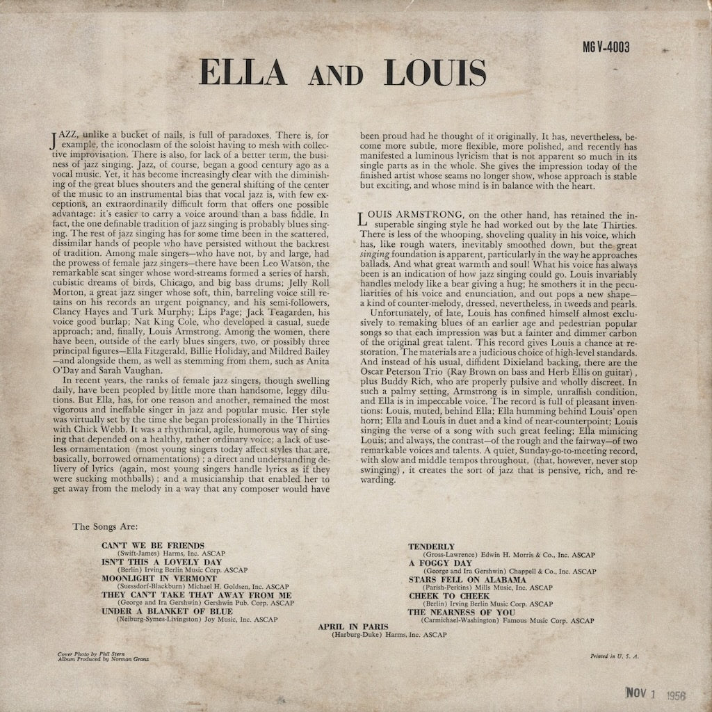 Ella Fitzgerald - Louis Armstrong – Ella and Louis (MG V-4003) LP 1956 US Verve | 中古LP