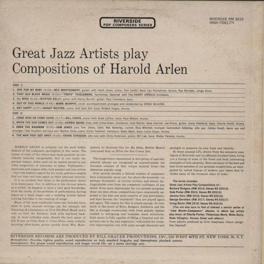 V.A. – Great Jazz Artists Play Compositions Of Harold Arlen (RS 93518) LP 1963 US Riverside | 中古LP