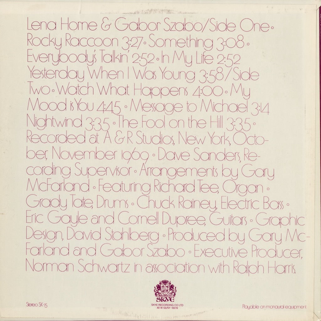 Lena Horne & Gabor Szabo – Watch What Happens (SK 15) LP 1970 US SKYE｜中古LP